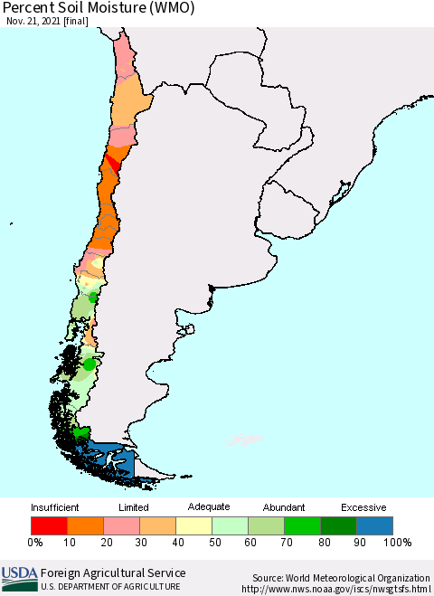 Chile Percent Soil Moisture (WMO) Thematic Map For 11/15/2021 - 11/21/2021