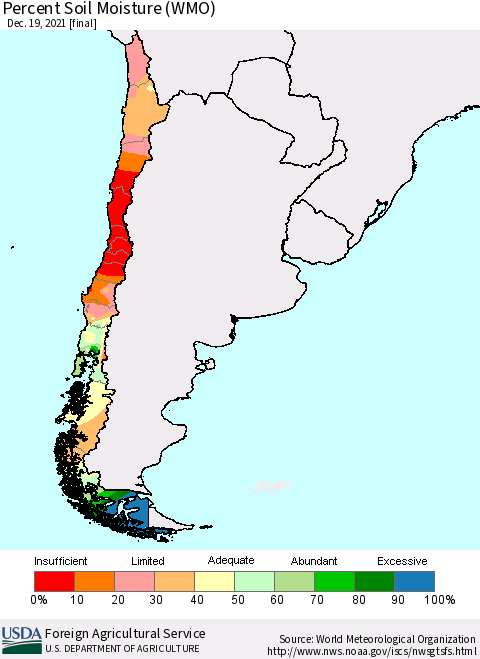 Chile Percent Soil Moisture (WMO) Thematic Map For 12/13/2021 - 12/19/2021