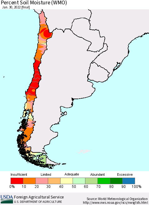 Chile Percent Soil Moisture (WMO) Thematic Map For 1/24/2022 - 1/30/2022