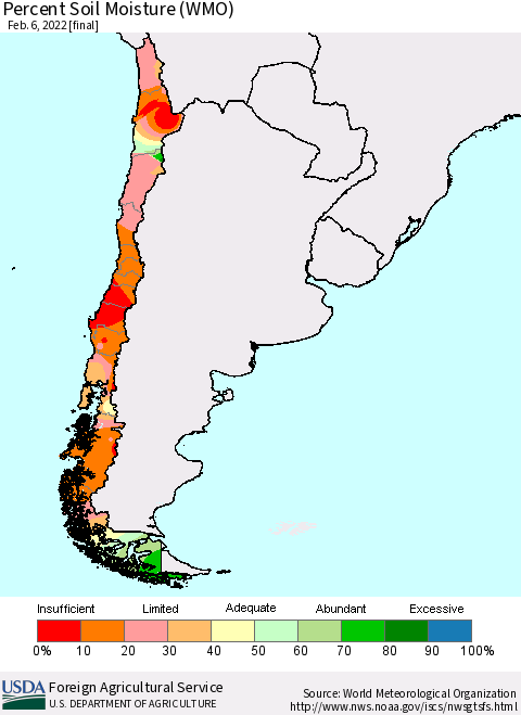 Chile Percent Soil Moisture (WMO) Thematic Map For 1/31/2022 - 2/6/2022