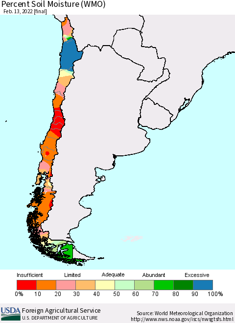 Chile Percent Soil Moisture (WMO) Thematic Map For 2/7/2022 - 2/13/2022