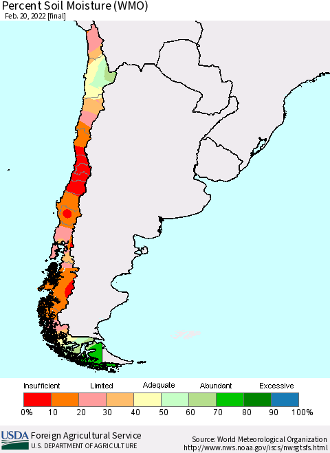 Chile Percent Soil Moisture (WMO) Thematic Map For 2/14/2022 - 2/20/2022