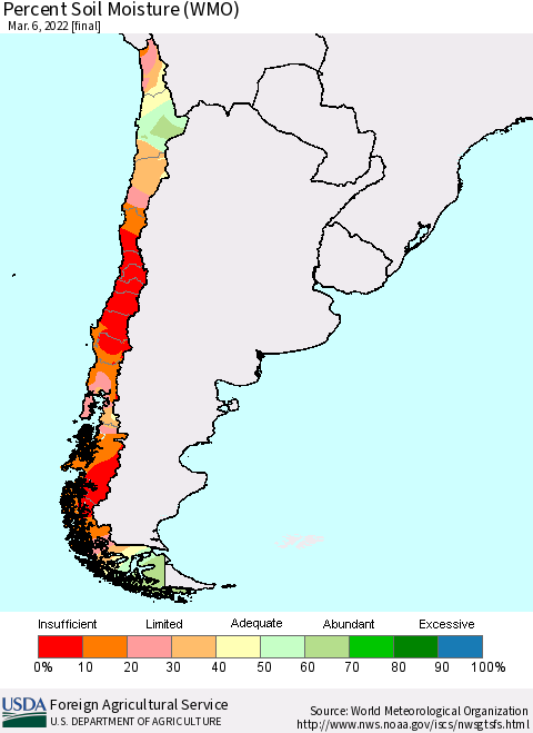 Chile Percent Soil Moisture (WMO) Thematic Map For 2/28/2022 - 3/6/2022