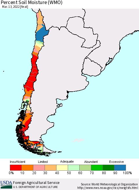 Chile Percent Soil Moisture (WMO) Thematic Map For 3/7/2022 - 3/13/2022