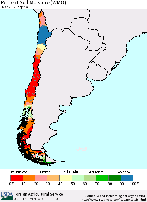 Chile Percent Soil Moisture (WMO) Thematic Map For 3/14/2022 - 3/20/2022