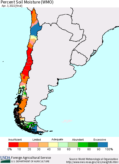 Chile Percent Soil Moisture (WMO) Thematic Map For 3/28/2022 - 4/3/2022
