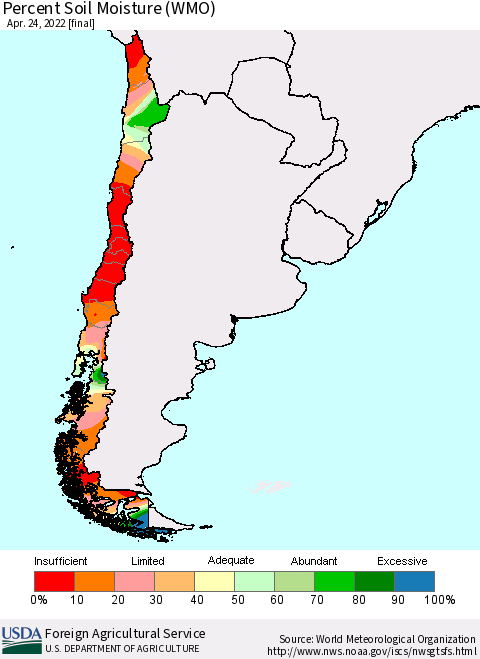 Chile Percent Soil Moisture (WMO) Thematic Map For 4/18/2022 - 4/24/2022