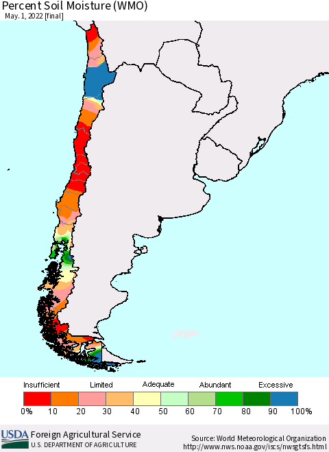 Chile Percent Soil Moisture (WMO) Thematic Map For 4/25/2022 - 5/1/2022