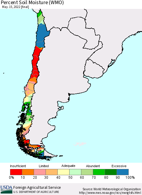 Chile Percent Soil Moisture (WMO) Thematic Map For 5/9/2022 - 5/15/2022