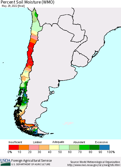Chile Percent Soil Moisture (WMO) Thematic Map For 5/23/2022 - 5/29/2022