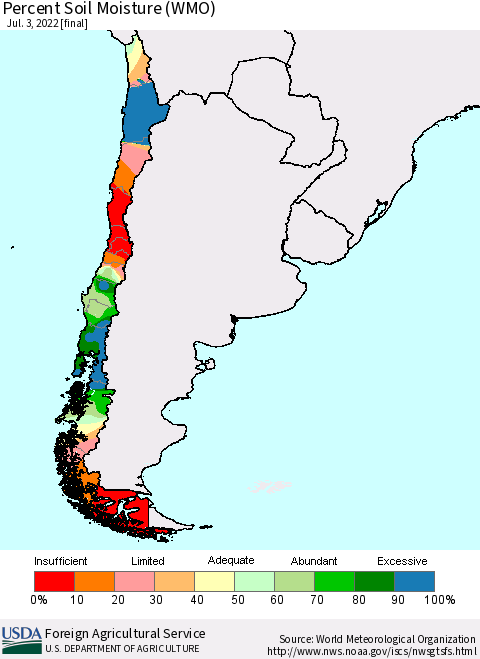 Chile Percent Soil Moisture (WMO) Thematic Map For 6/27/2022 - 7/3/2022