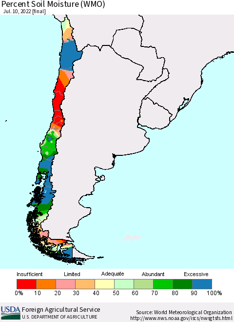 Chile Percent Soil Moisture (WMO) Thematic Map For 7/4/2022 - 7/10/2022