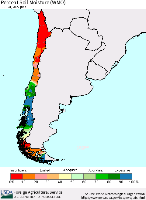 Chile Percent Soil Moisture (WMO) Thematic Map For 7/18/2022 - 7/24/2022