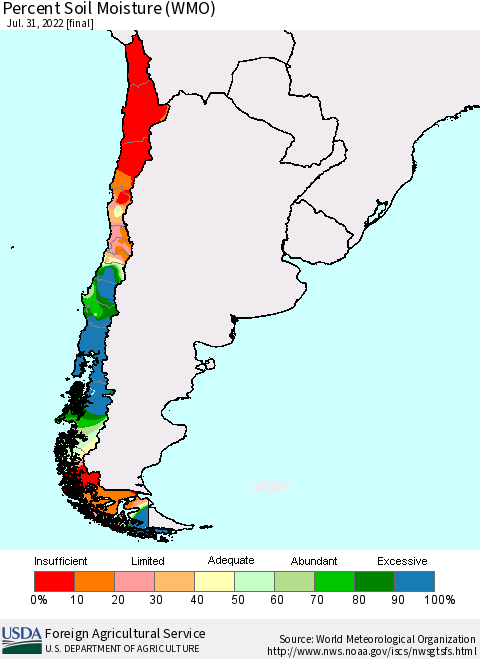 Chile Percent Soil Moisture (WMO) Thematic Map For 7/25/2022 - 7/31/2022