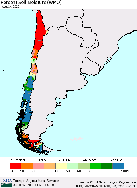Chile Percent Soil Moisture (WMO) Thematic Map For 8/8/2022 - 8/14/2022