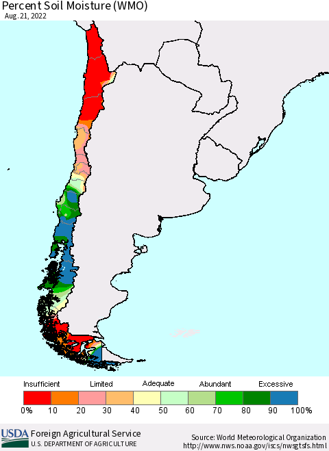 Chile Percent Soil Moisture (WMO) Thematic Map For 8/15/2022 - 8/21/2022