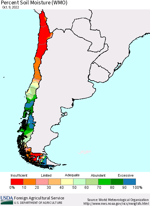 Chile Percent Soil Moisture (WMO) Thematic Map For 10/3/2022 - 10/9/2022