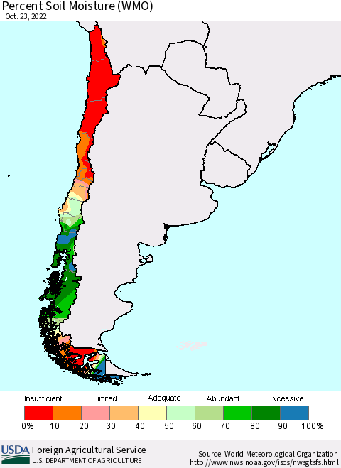 Chile Percent Soil Moisture (WMO) Thematic Map For 10/17/2022 - 10/23/2022