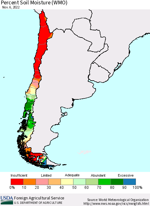 Chile Percent Soil Moisture (WMO) Thematic Map For 10/31/2022 - 11/6/2022