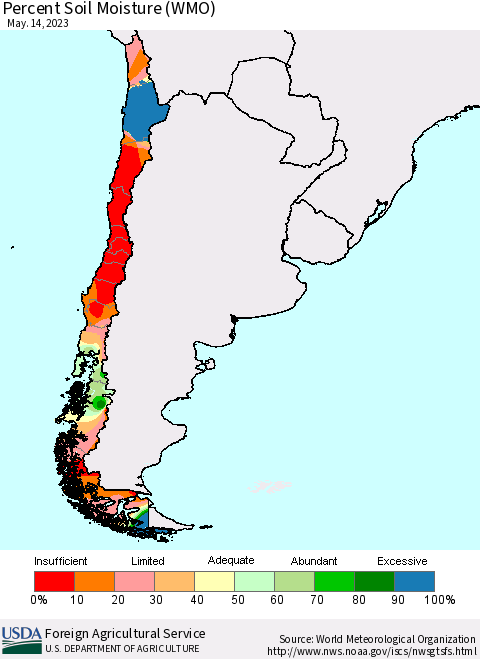 Chile Percent Soil Moisture (WMO) Thematic Map For 5/8/2023 - 5/14/2023