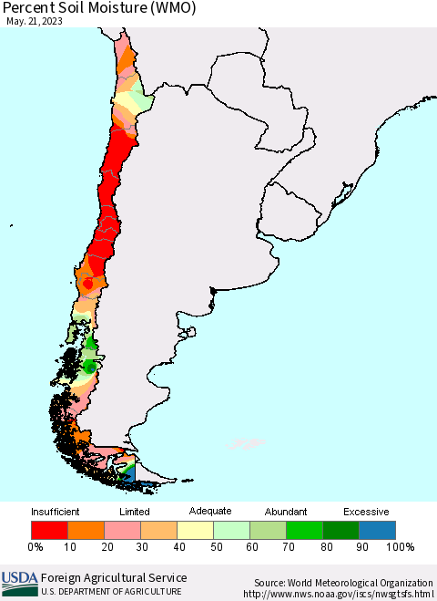 Chile Percent Soil Moisture (WMO) Thematic Map For 5/15/2023 - 5/21/2023