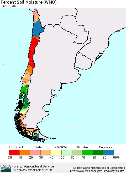 Chile Percent Soil Moisture (WMO) Thematic Map For 6/5/2023 - 6/11/2023