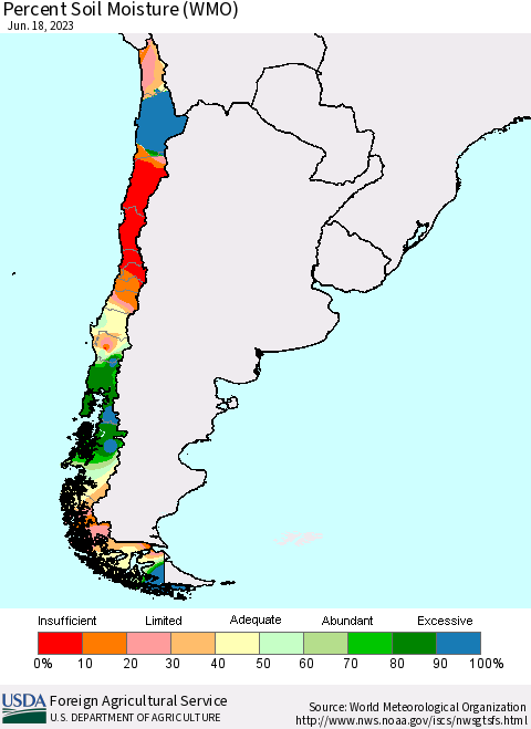 Chile Percent Soil Moisture (WMO) Thematic Map For 6/12/2023 - 6/18/2023