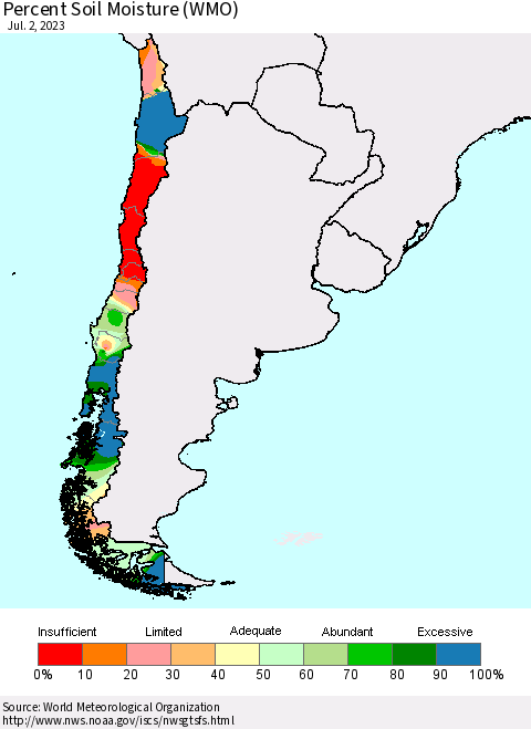 Chile Percent Soil Moisture (WMO) Thematic Map For 6/26/2023 - 7/2/2023