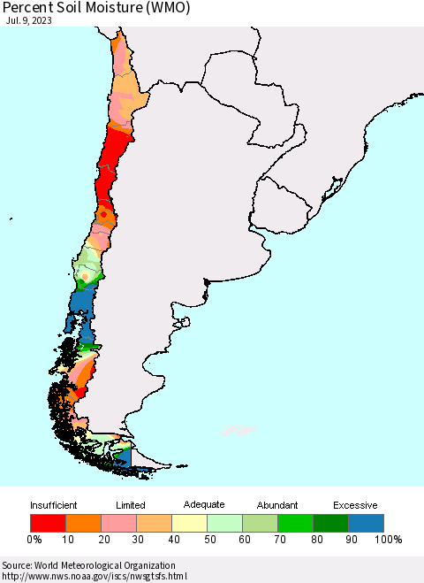 Chile Percent Soil Moisture (WMO) Thematic Map For 7/3/2023 - 7/9/2023