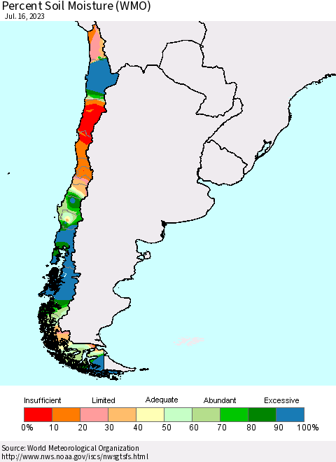 Chile Percent Soil Moisture (WMO) Thematic Map For 7/10/2023 - 7/16/2023