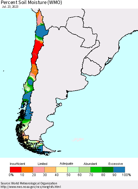Chile Percent Soil Moisture (WMO) Thematic Map For 7/17/2023 - 7/23/2023