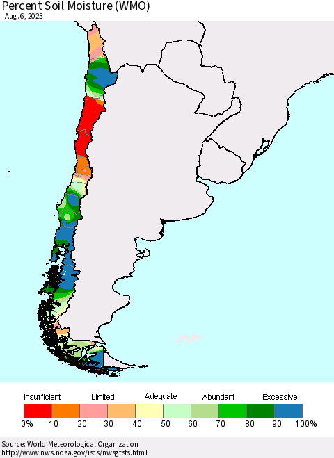 Chile Percent Soil Moisture (WMO) Thematic Map For 7/31/2023 - 8/6/2023
