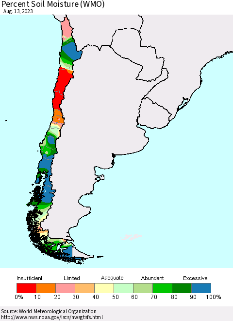 Chile Percent Soil Moisture (WMO) Thematic Map For 8/7/2023 - 8/13/2023