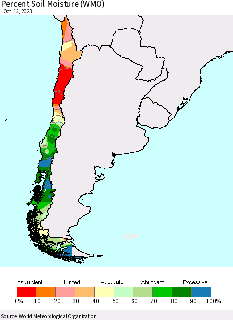Chile Percent Soil Moisture (WMO) Thematic Map For 10/9/2023 - 10/15/2023