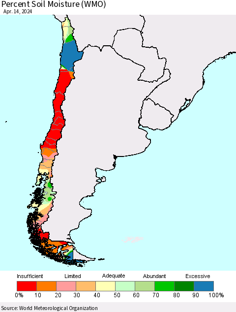 Chile Percent Soil Moisture (WMO) Thematic Map For 4/8/2024 - 4/14/2024
