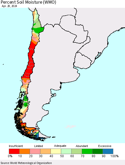 Chile Percent Soil Moisture (WMO) Thematic Map For 4/22/2024 - 4/28/2024