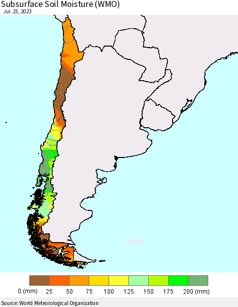 Chile Subsurface Soil Moisture (WMO) Thematic Map For 7/21/2023 - 7/25/2023
