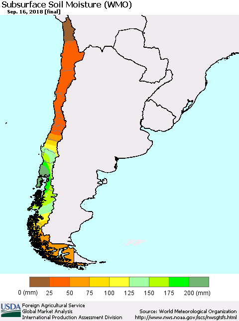 Chile Subsurface Soil Moisture (WMO) Thematic Map For 9/10/2018 - 9/16/2018
