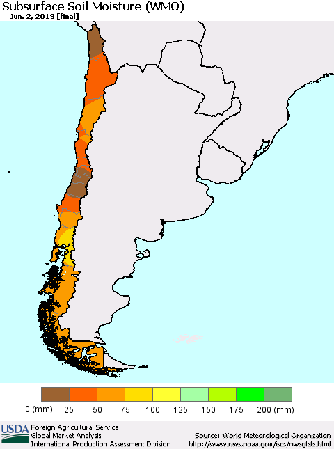 Chile Subsurface Soil Moisture (WMO) Thematic Map For 5/27/2019 - 6/2/2019