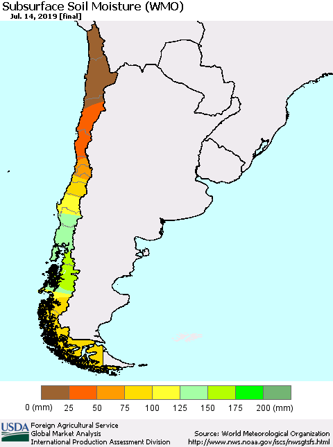 Chile Subsurface Soil Moisture (WMO) Thematic Map For 7/8/2019 - 7/14/2019