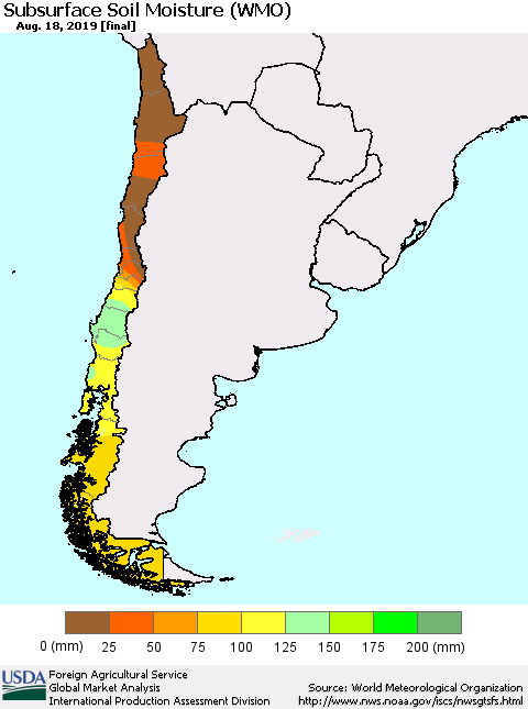 Chile Subsurface Soil Moisture (WMO) Thematic Map For 8/12/2019 - 8/18/2019