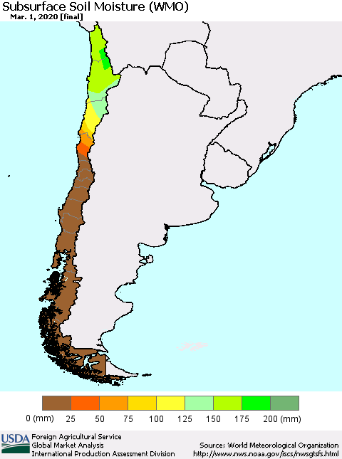 Chile Subsurface Soil Moisture (WMO) Thematic Map For 2/24/2020 - 3/1/2020
