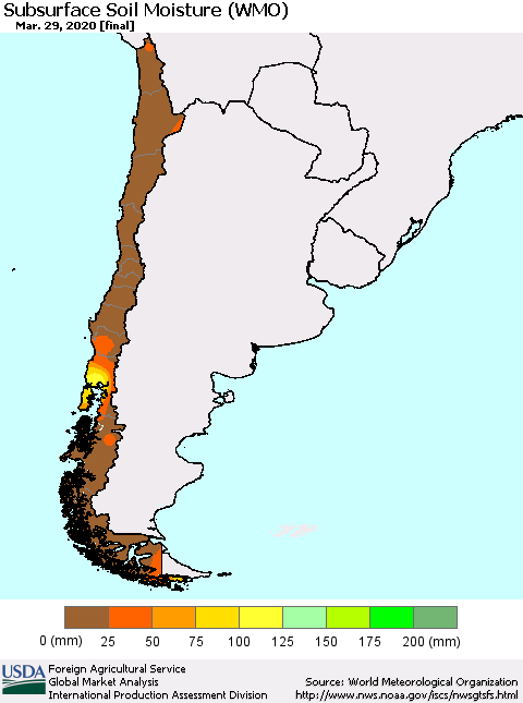 Chile Subsurface Soil Moisture (WMO) Thematic Map For 3/23/2020 - 3/29/2020