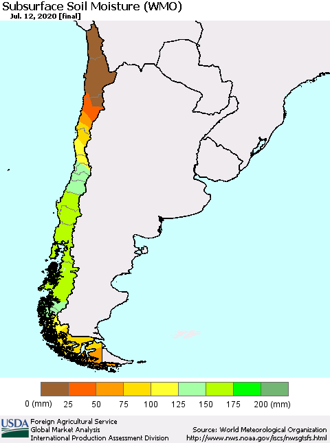 Chile Subsurface Soil Moisture (WMO) Thematic Map For 7/6/2020 - 7/12/2020