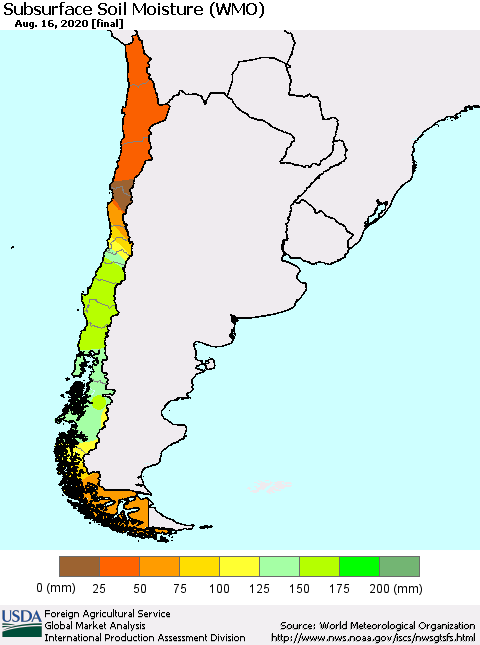 Chile Subsurface Soil Moisture (WMO) Thematic Map For 8/10/2020 - 8/16/2020