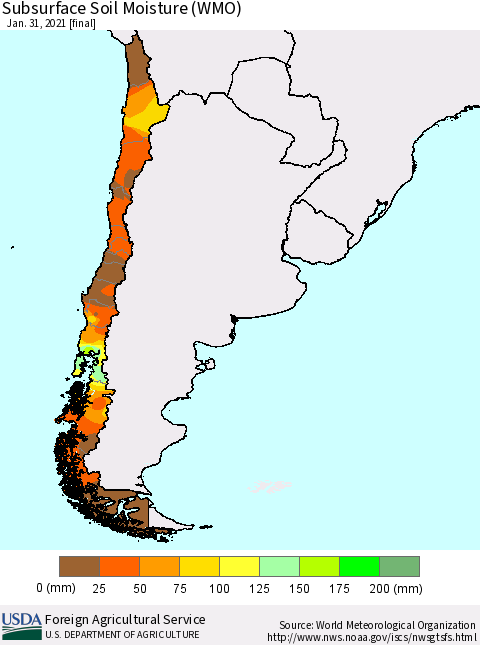 Chile Subsurface Soil Moisture (WMO) Thematic Map For 1/25/2021 - 1/31/2021