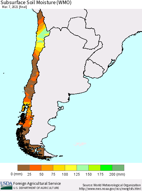 Chile Subsurface Soil Moisture (WMO) Thematic Map For 3/1/2021 - 3/7/2021