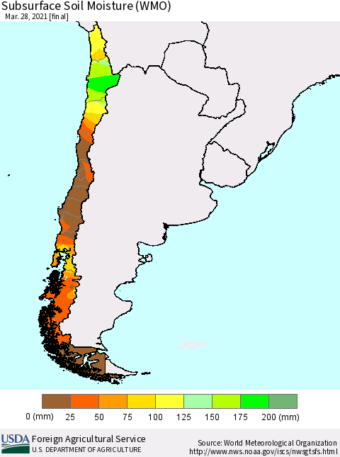 Chile Subsurface Soil Moisture (WMO) Thematic Map For 3/22/2021 - 3/28/2021