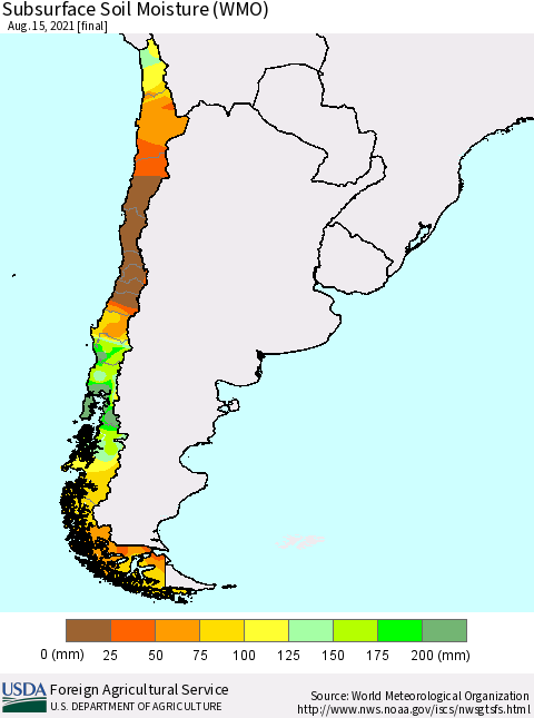 Chile Subsurface Soil Moisture (WMO) Thematic Map For 8/9/2021 - 8/15/2021