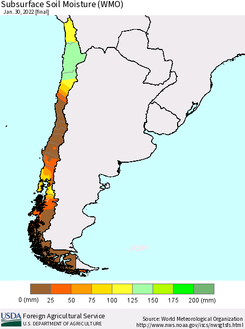 Chile Subsurface Soil Moisture (WMO) Thematic Map For 1/24/2022 - 1/30/2022